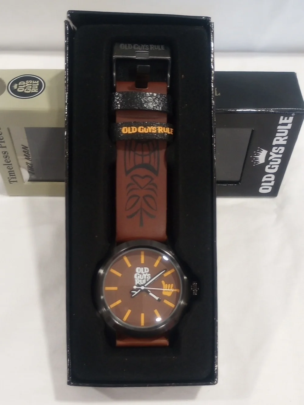 Old Guys Rule Tiki Man Watch.Brown Leather Strap Timeless Pieces (New)